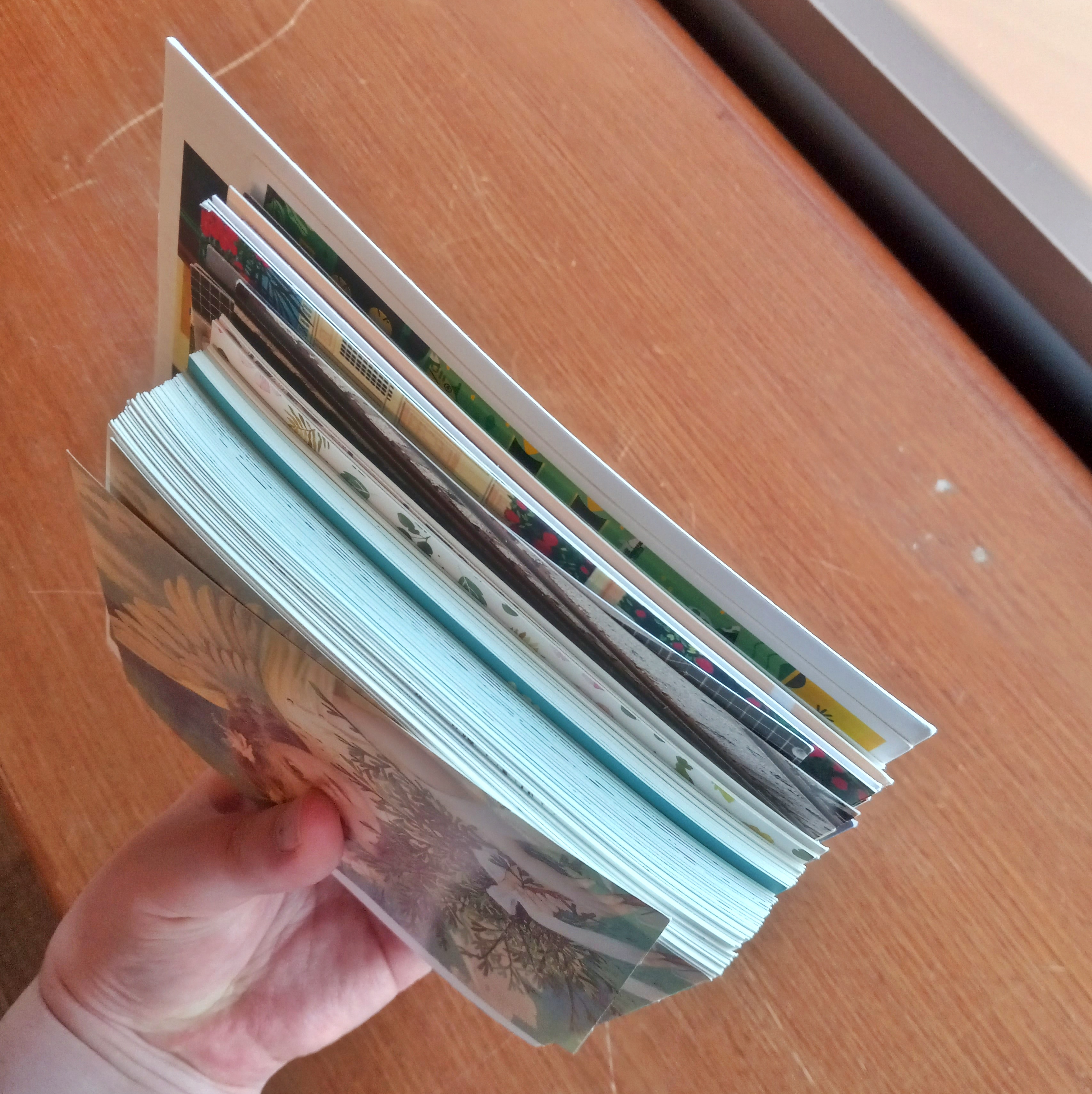 My hand holding a stack of 101 postcards