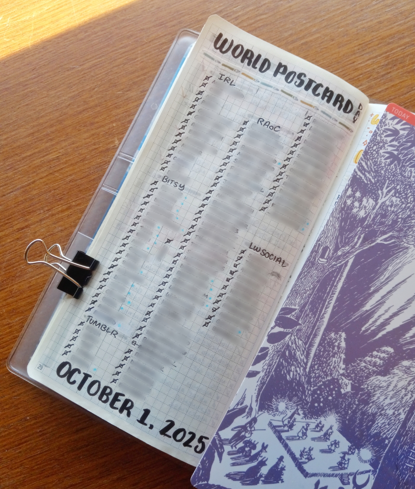 Journal spread with checklist of all postcard recipients