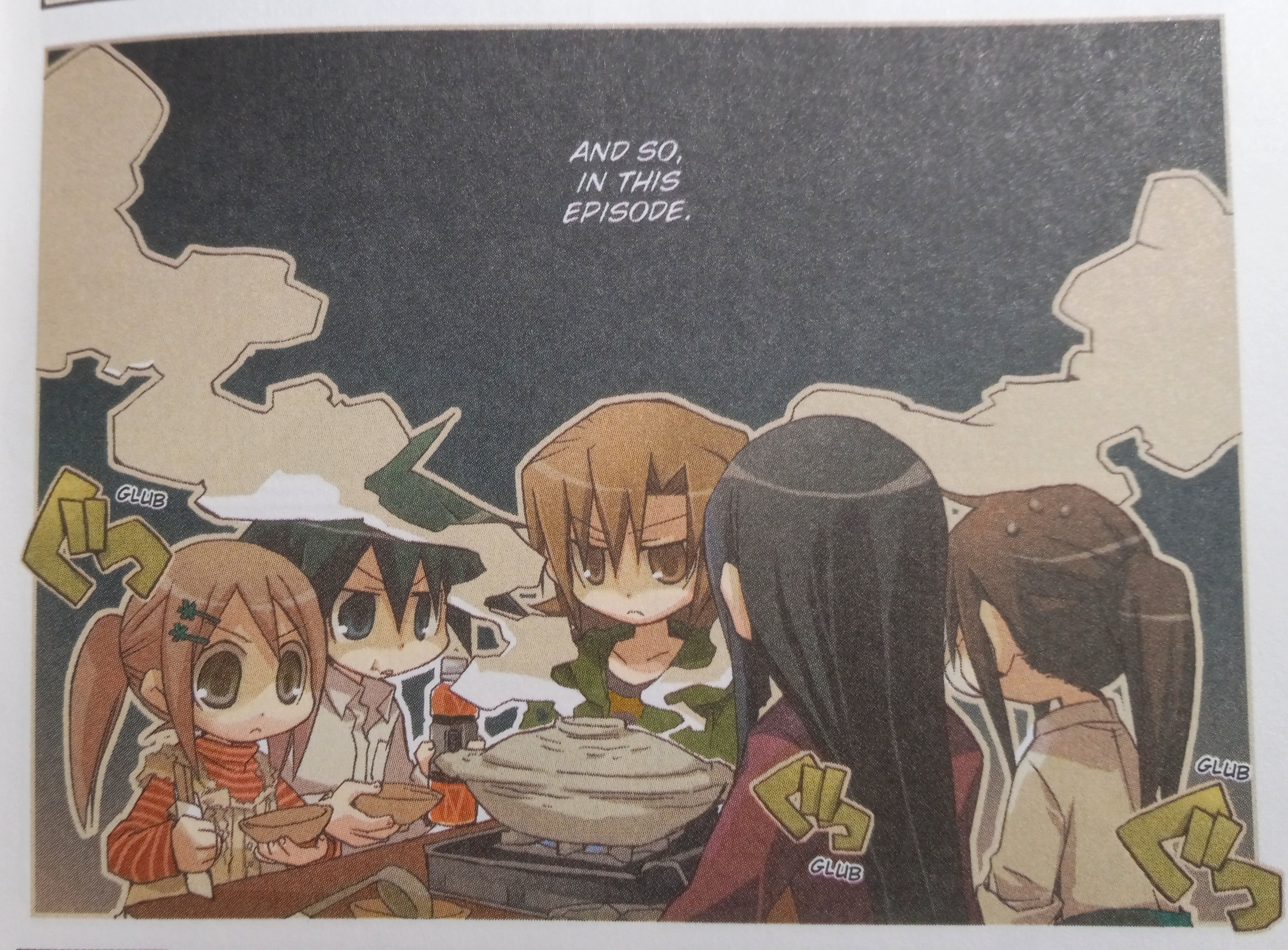 The five main characters of Geijutsuka Art Design Class surrounding a hot pot